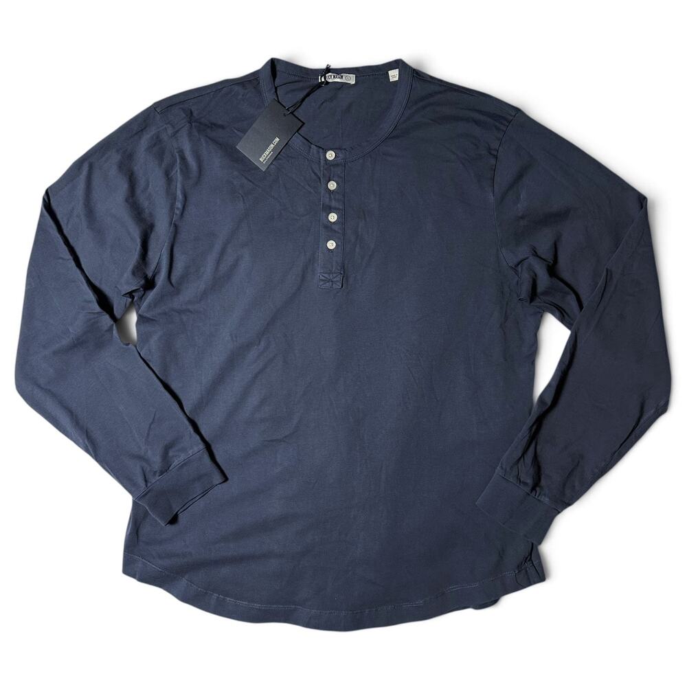 Buck Mason Venice Wash Pima Henley Mens Size L Blue Curved Hem Long Sleeve NWT